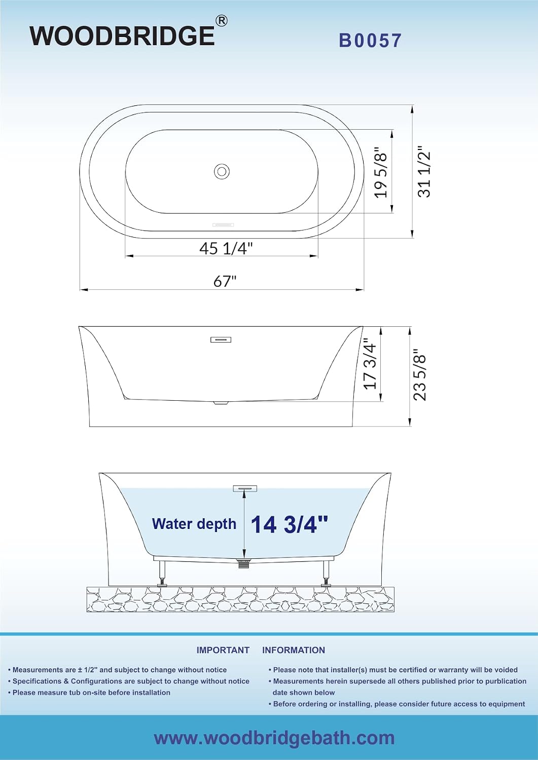 WOODBRIDGE 67' Acrylic Freestanding Bathtub Contemporary Soaking Tub with Brushed Gold Overflow and Drain,White Tub,B0057-BG