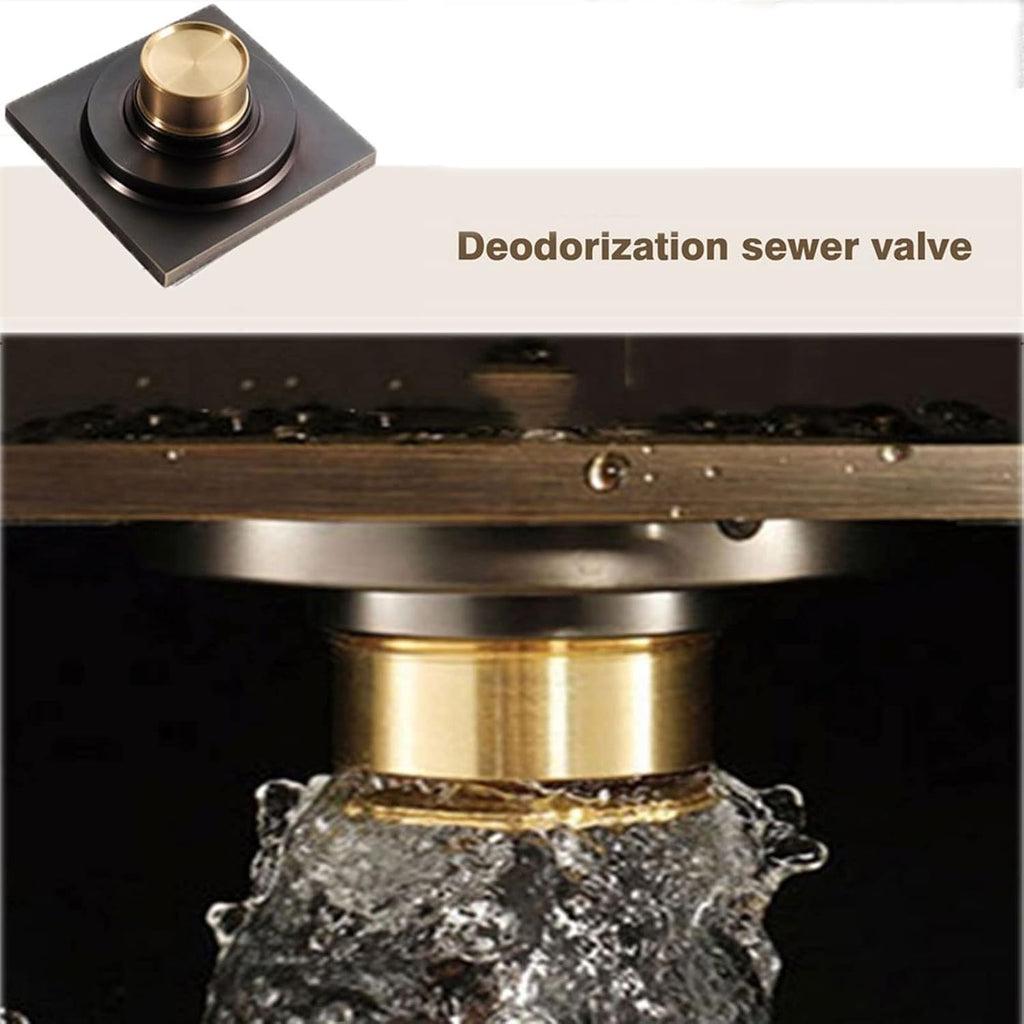 4 Inch Invisible Shower Floor Drain Brass Shower Drain with Tile Insert Grate Removable Cover Hair Catcher Strainer, Square Floor Drainer with Hair Strainer for Kitchen Washro,Black
