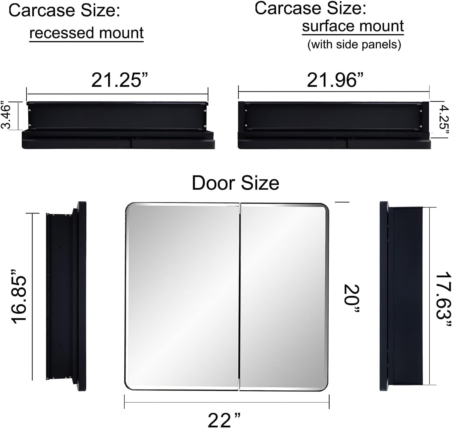 IDYLLOR Black Bathroom Medicine Cabinet with Round Corner Framed Door and Beveled Edge Mirror 22 x 20 inch, Recessed or Surface Mount, with Adjustable Glass Shelves