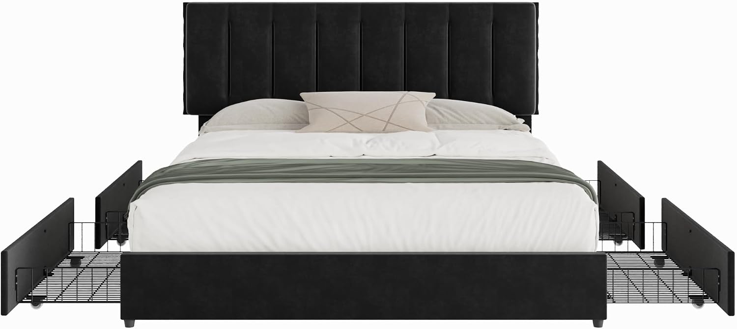 VECELO King Size Bed Frame with 4 Storage Drawers, Adjustable Height Headboard, Heavy-Duty Bedframe with Strong Wooden Slats, No Box Spring Needed, Black