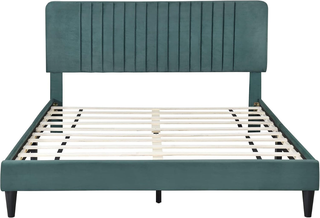KLMM Modern Queen Size Upholstered Platform Bed, No Box Spring Needed, Velvet Fabric, Suitable for Bedroom Use, Easy to Assemble (Green#G^)