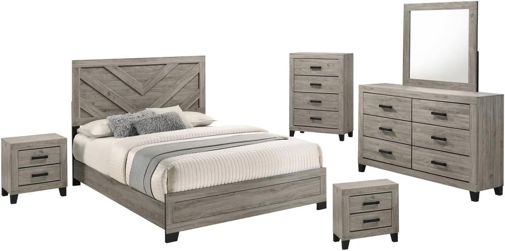 Furniture Rustic Charm Bedroom Set with Chevron Panel Headboard
