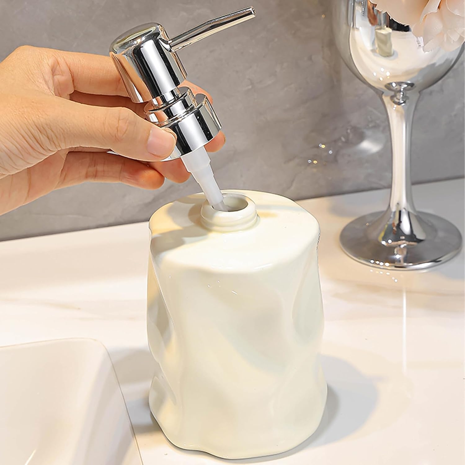 Push Type Foam Dispenser with Acrylic Frame,Hand Pump Dispenser Foaming Soap Dispenser Ceramic Dish Liquid Dispenser for Kitchen Bathroom Hand Wash Bottle
