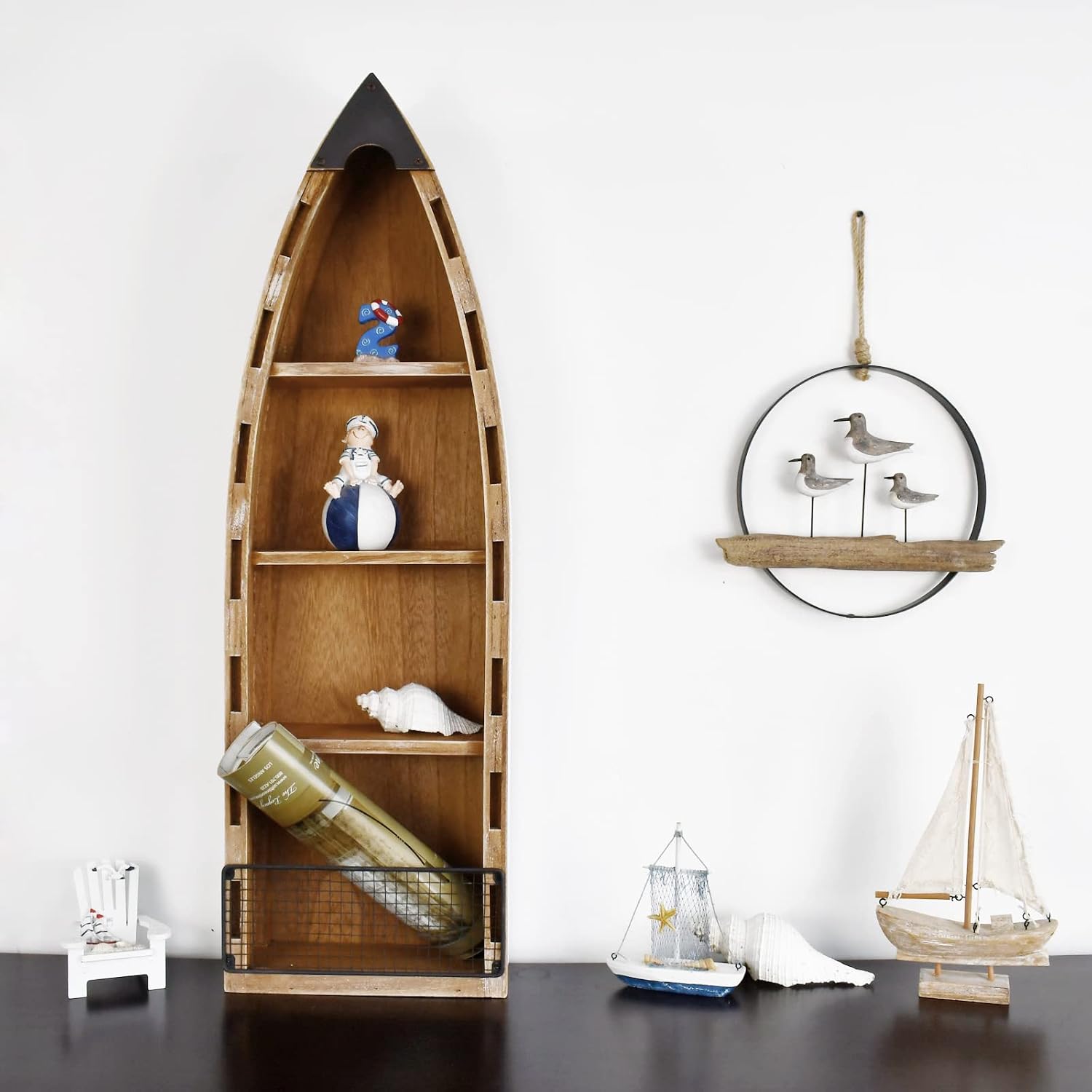 Morning View Wood Boat Shelf Decor Wall Hanging Nautical Beach Theme Display Boat with 3 Shelves Standing Boat Shelf Wooden Boat Shelf Nautical Home Decor 31.5 Inch