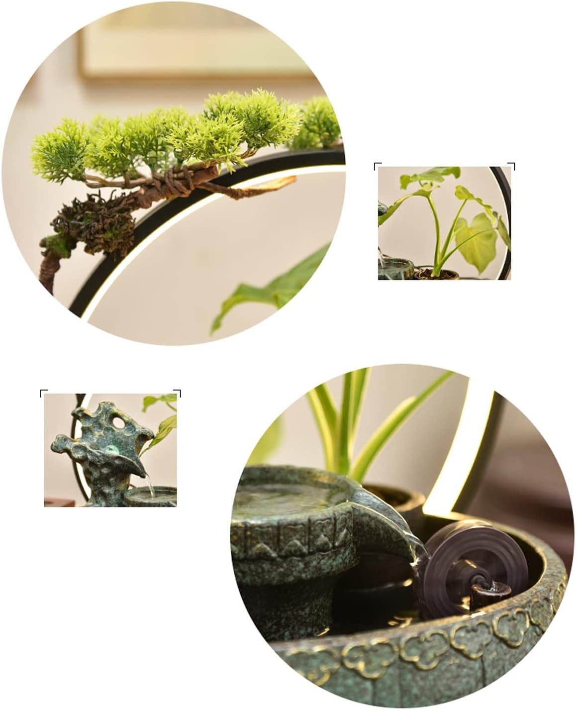 Desktop Fountain Tabletop Fountain Ceramic Rock Falls Fountains with Wooden Base and LED Light Interior Mini Water Feature for Bedroom, Office, Living Room