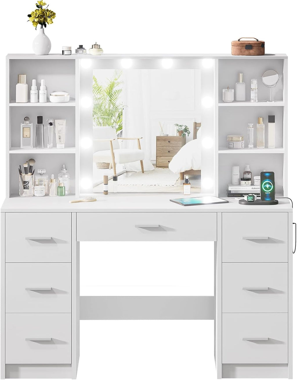 DINGIPP Makeup Vanity Desk with Mirror,10 Lights and Power Strip,Large Makeup Vanity with Shelves and 7 Drawers, Vanity Desk Dressing Table with 3 Color Adjustable Light,Vanity Table (White)