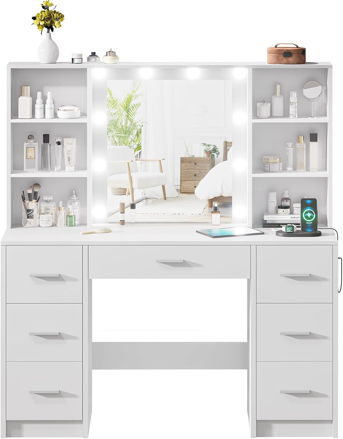 DINGIPP Makeup Vanity Desk with Mirror,10 Lights and Power Strip,Large Makeup Vanity with Shelves and 7 Drawers, Vanity Desk Dressing Table with 3 Color Adjustable Light,Vanity Table (White)