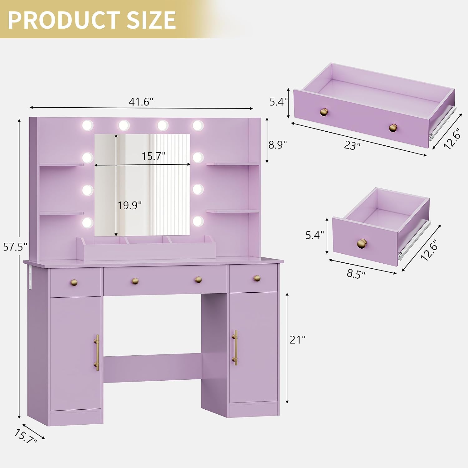 Vanity Desk with Mirror and Lights, 43'' Makeup Dressing Table Set with 5 Drawers & Power Outlet, 3 Lighting Modes Brightness Adjustable, Vanity with RGB Ambient Light for Women Girls Bedroom, Purple