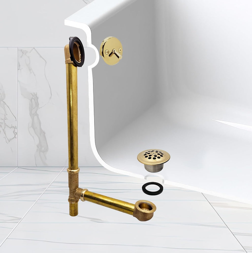 Westbrass A324-01 22-1/2' Bath Waste & Overflow Assembly with Trip Lever and Beehive Strainer Grid Drain, Polished Brass