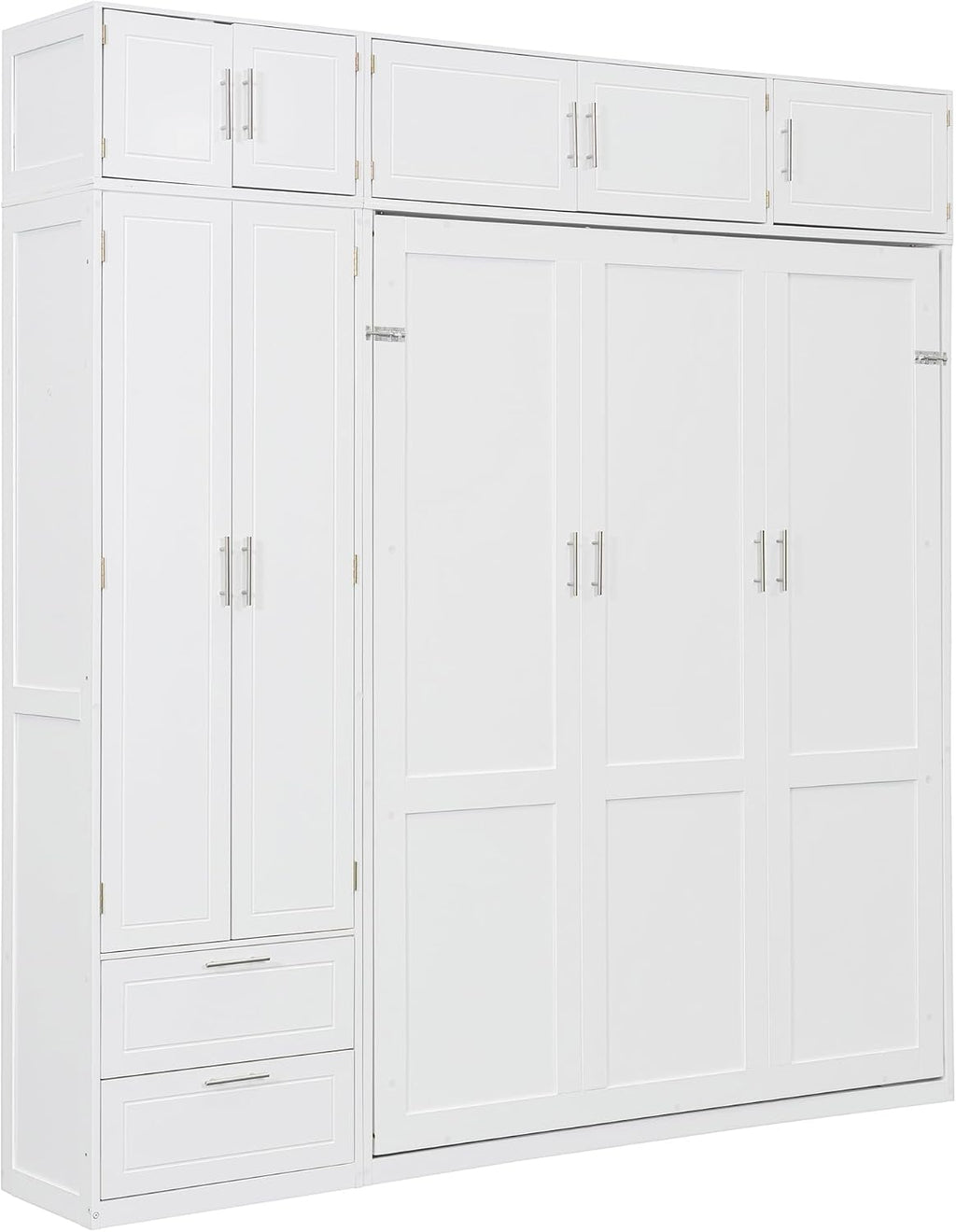 Merax Queen Size Murphy Bed with Shelves, Top Cabinet and Wardrobe, Fold into The Wall, Space-Saving Design Foldable Platform Bed Frame for Bedroom, Guest Room, Home Office, White