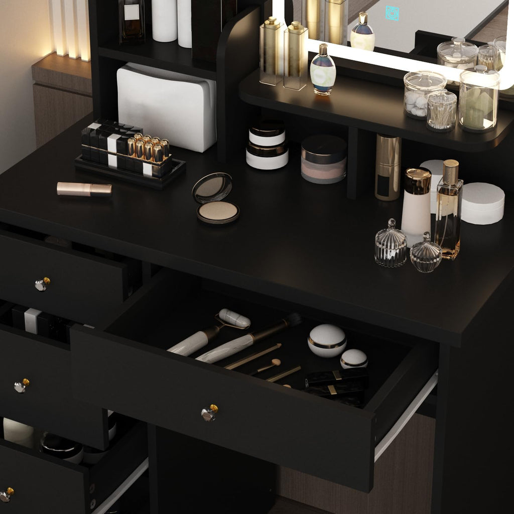 FUFU&GAGA Vanity Set with Rectangular Mirror & Lights, Makeup Vanity Dressing Table with 5 Drawers, Shelves, Dresser Desk and Cushioned Stool Set (Black/Lighted Mirror)