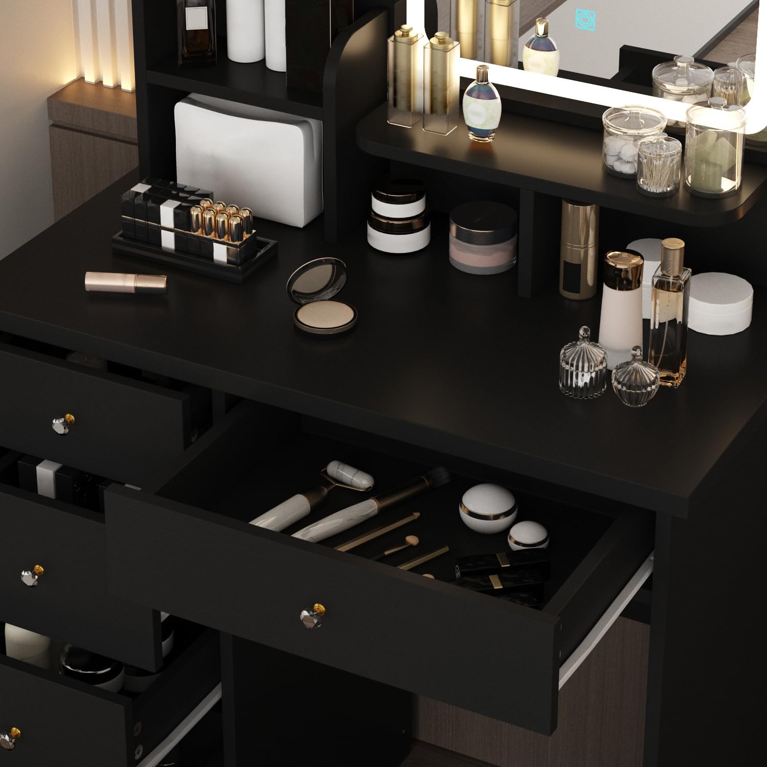 FUFU&GAGA Vanity Set with Rectangular Mirror & Lights, Makeup Vanity Dressing Table with 5 Drawers, Shelves, Dresser Desk and Cushioned Stool Set (Black/Lighted Mirror)