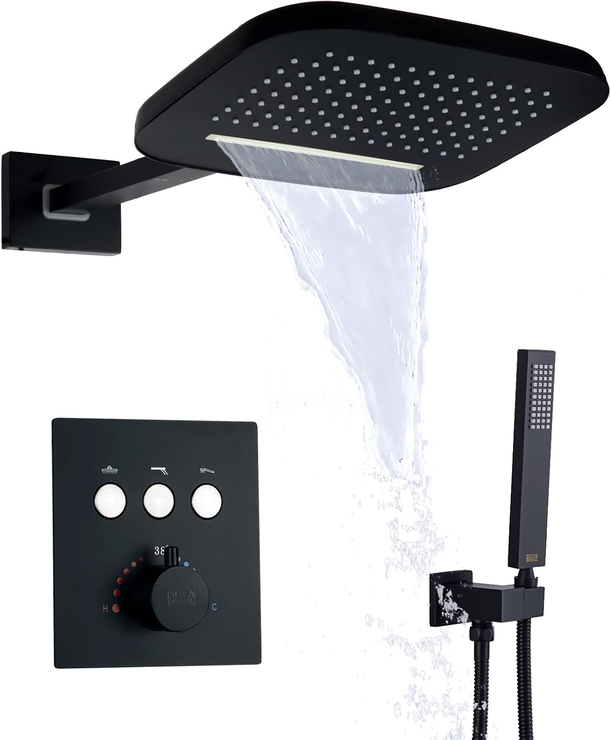 Shower Jets System With Waterfall Rain Shower Head and Handheld (Can Use All Options at A Time), cUPC Certificatin Thermostatic Shower Faucet Fixture Set (Matte Black)
