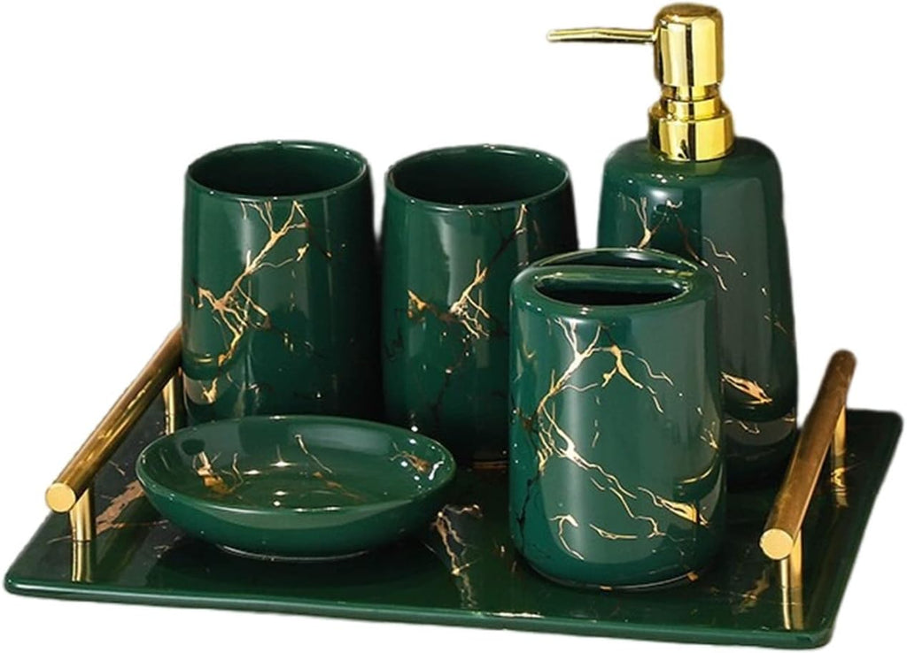 Bathroom soap Dispenser Set, 6 Pieces Bathroom soap Dispenser and Toothbrush Holder Set, Toothbrush Holder, Vanity Tray for Decor Bathroom Countertop, Vanity Organizer -Green