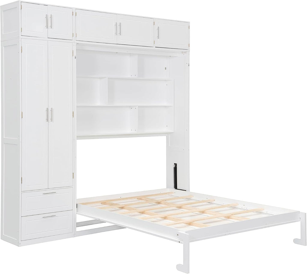 Merax Queen Size Murphy Bed with Shelves, Top Cabinet and Wardrobe, Fold into The Wall, Space-Saving Design Foldable Platform Bed Frame for Bedroom, Guest Room, Home Office, White