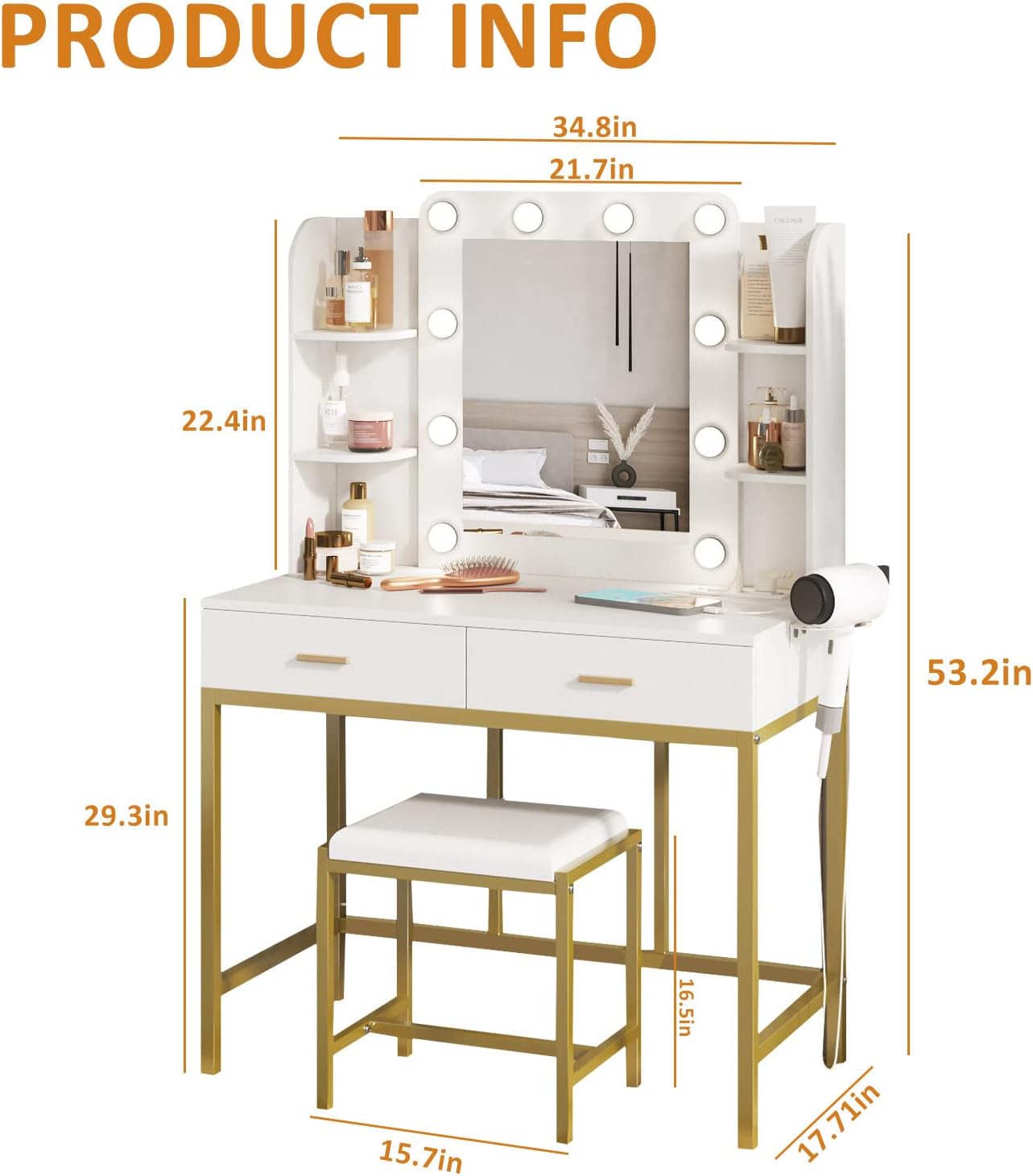 Vabches Vanity Desk with Mirror and 10 Led Lights, with Charging Station,Makeup Vanity Table Set with Lighted Mirror, with 3 Lighting Modes and 2 Drawers&Cushioned Stool for Bedroom