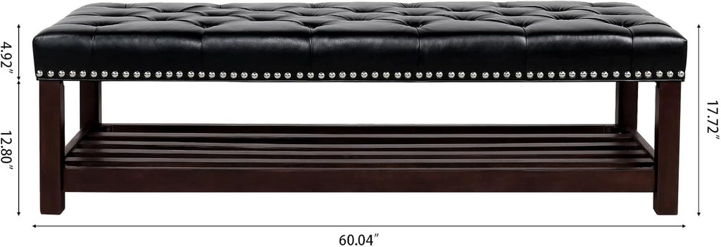 60in Button-Tufted Leather Indoor Bench,Black Upholstered Shoe Bench Entryway, Bedroom Bench Seat, End of Bed Ottoman, Vanity Bench with Wooden Base Shoes Rack (Brown+Wooden)(Black+Wooden)