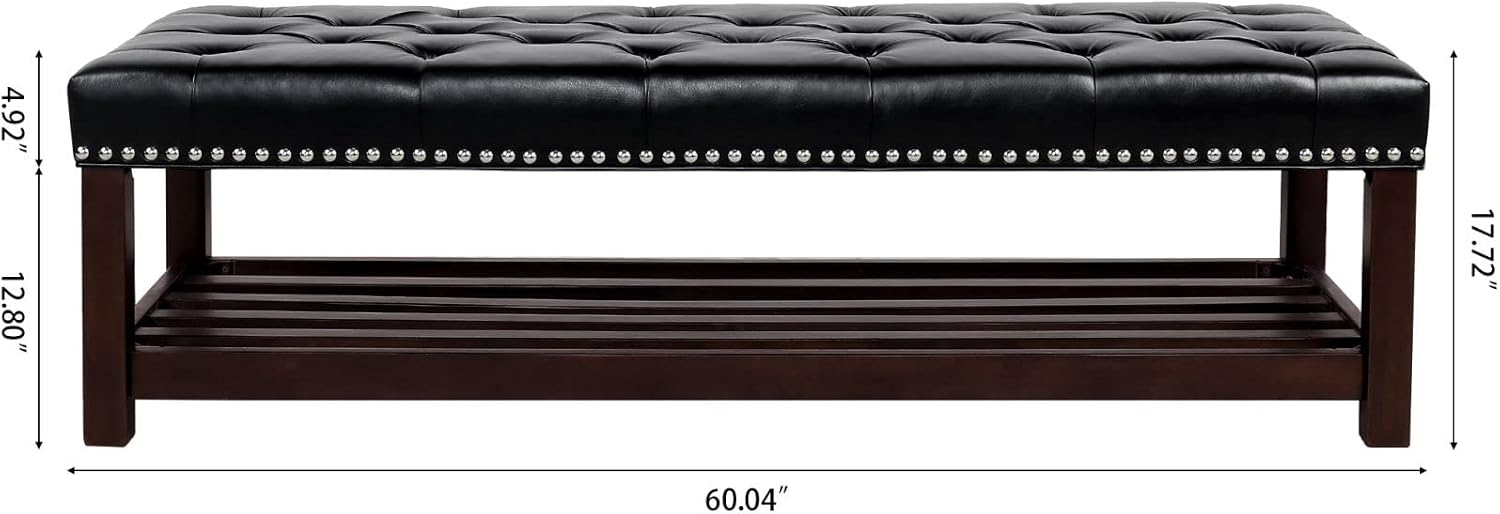 60in Button-Tufted Leather Indoor Bench,Black Upholstered Shoe Bench Entryway, Bedroom Bench Seat, End of Bed Ottoman, Vanity Bench with Wooden Base Shoes Rack (Brown+Wooden)(Black+Wooden)