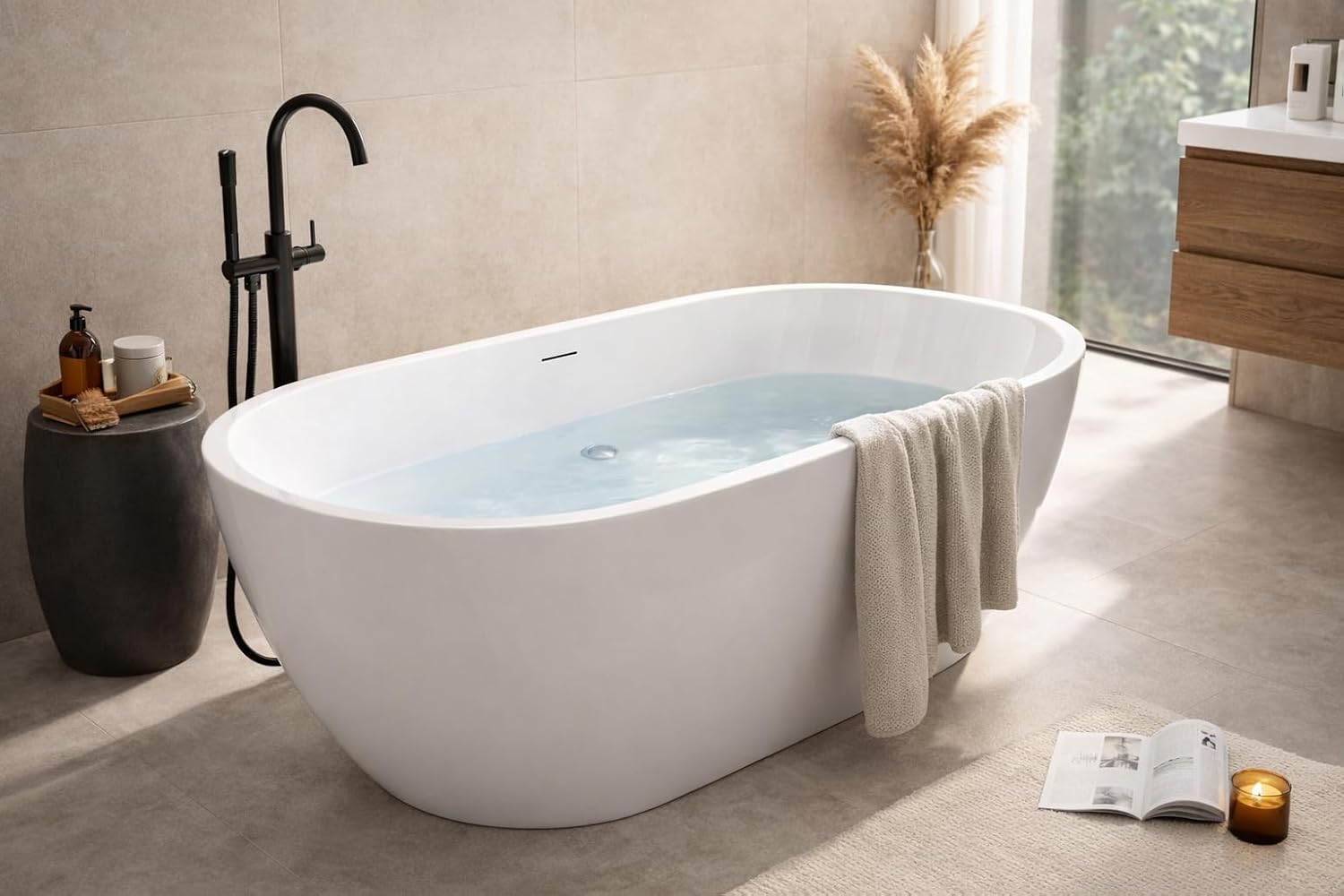 ANZZI Freestanding Bathtub Acrylic 59 In Flat Bottom Soaking Tub White Mone Series Compact Design Built In Overflow 53 Gal Capacity Modern Bathroom Fixture AMZFT903-59 | SKU Glossy Finish Deep Soak