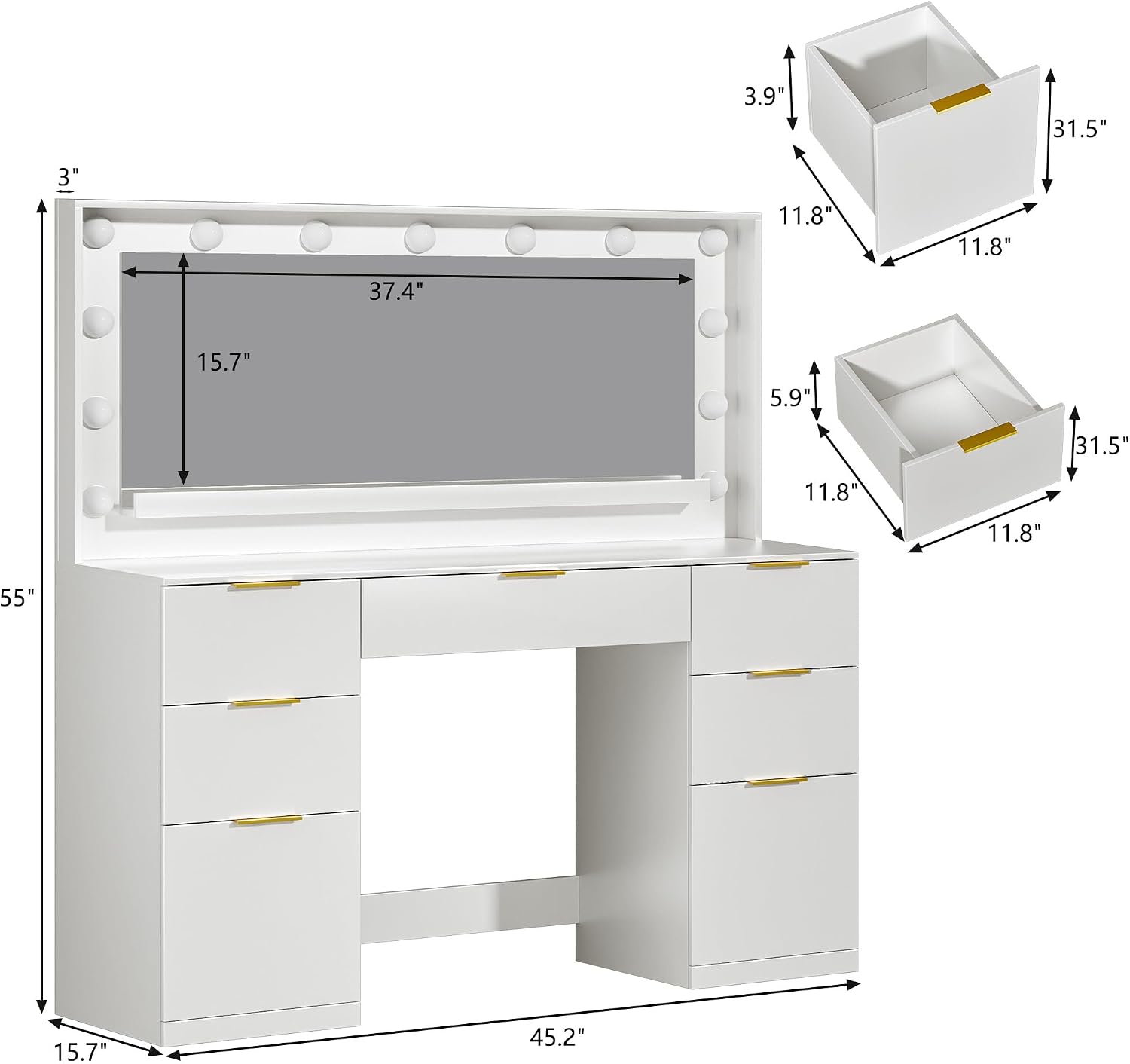 ALEXNUTRE Vanity Desk with Mirror and Lights, 45.3in Makeup Vanity with 7 Drawers & Large Mirror, White Vanity with 3-Color Adjustable Lighting & Charging Station, Make Up Vanity for Bedroom