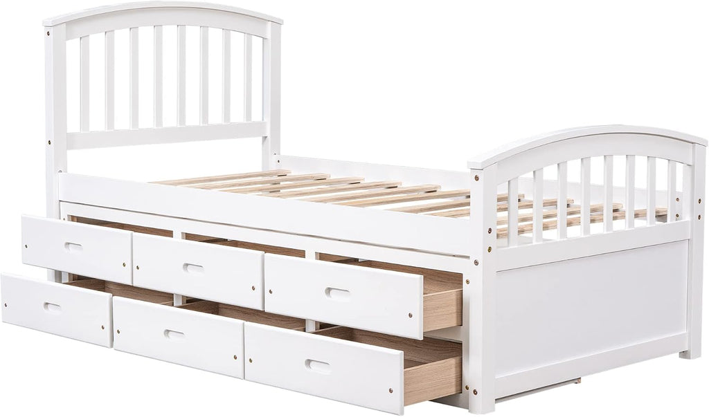 SOFTSEA Twin Captain Bed for Kids, Solid Wood Storage Bed with 6 Drawers, No Box Spring Needed, White