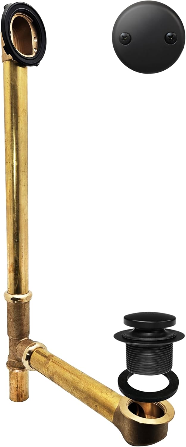 Westbrass A326-62 22-1/2' Brass Bath Waste & Overflow Assembly with Tip-Toe Drain Plug and 2-Hole Faceplate, Matte Black