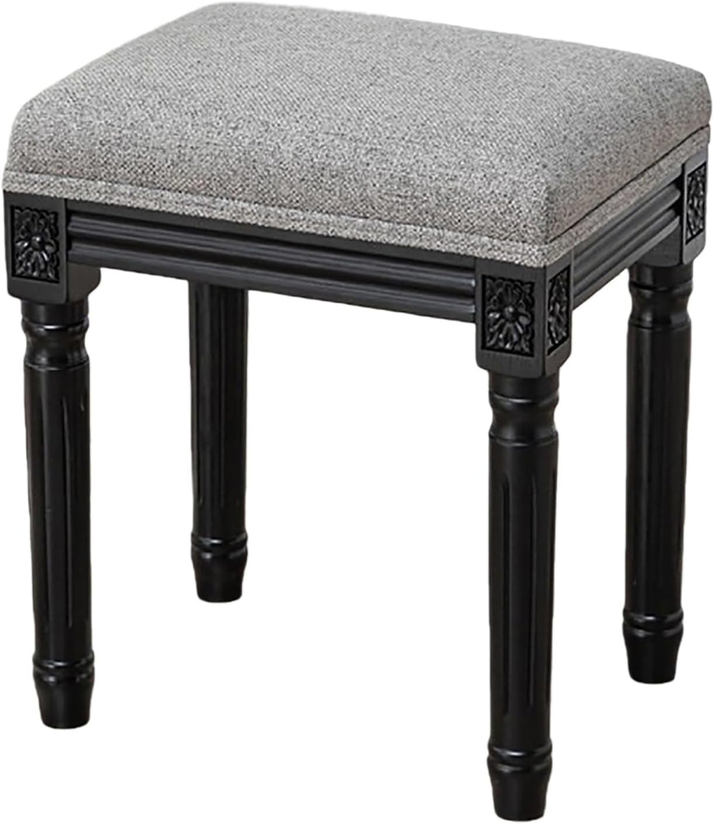 Upholstered Vanity Stool with Carved Dressing Makeup Bench with Solid Wood Legs Multi-Functional and Comfy Retro Bench Piano Seat for Bedroom, Bathroom, Vanity Table,Gray