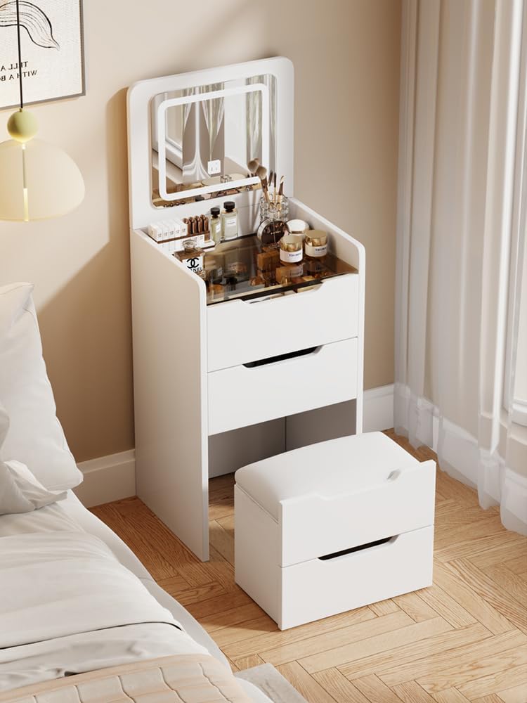 3 in 1 Vanity Desk with Plip Top Mirror and Lights, 18.9' Small Make Up Vanity Set with Visible Glass Desktop,Compact Makeup Vanity with 3 Drawers,Dressing Table for Bedroom,White