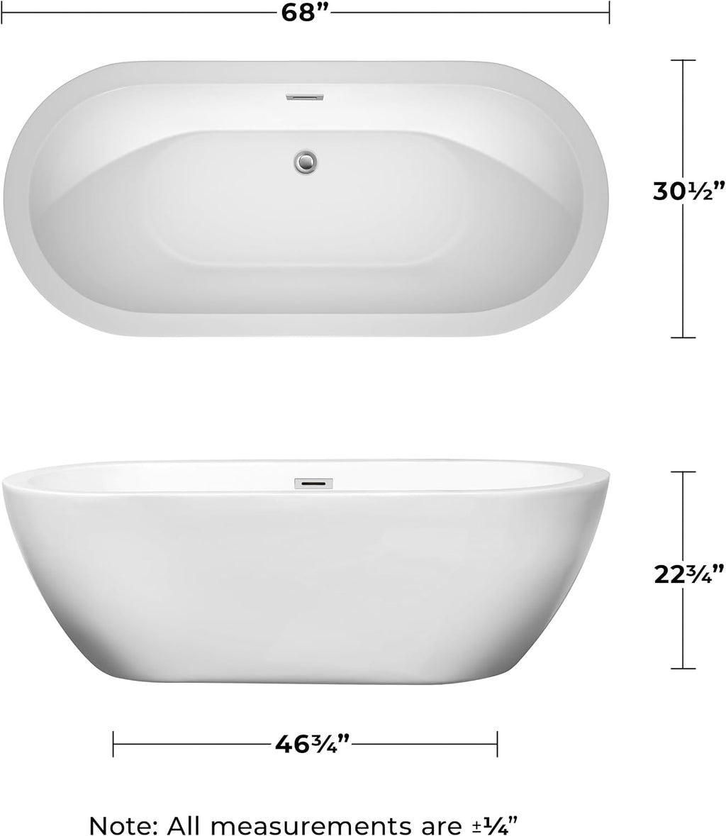 Soho 68 inch Freestanding Bathtub in White with Polished Chrome Drain and Overflow Trim