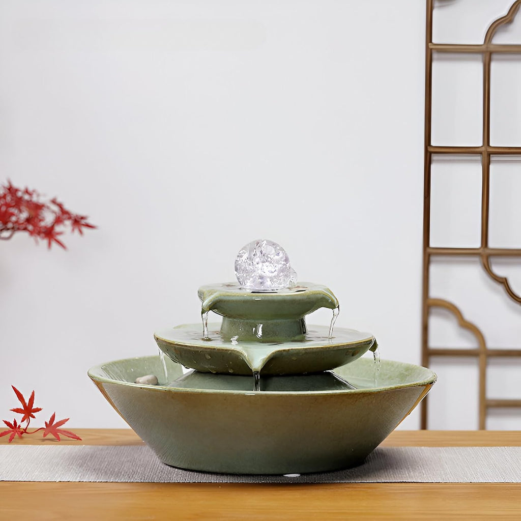 11.8' Indoor Tabletop Fountain, Ceramic Multi-Tier Waterfall with Crystal Ball & Fish Tank Feature, Free 10pcs Natural Crystals, Zen Home/Office/Entryway Decor, Housewarming Gift(Green)