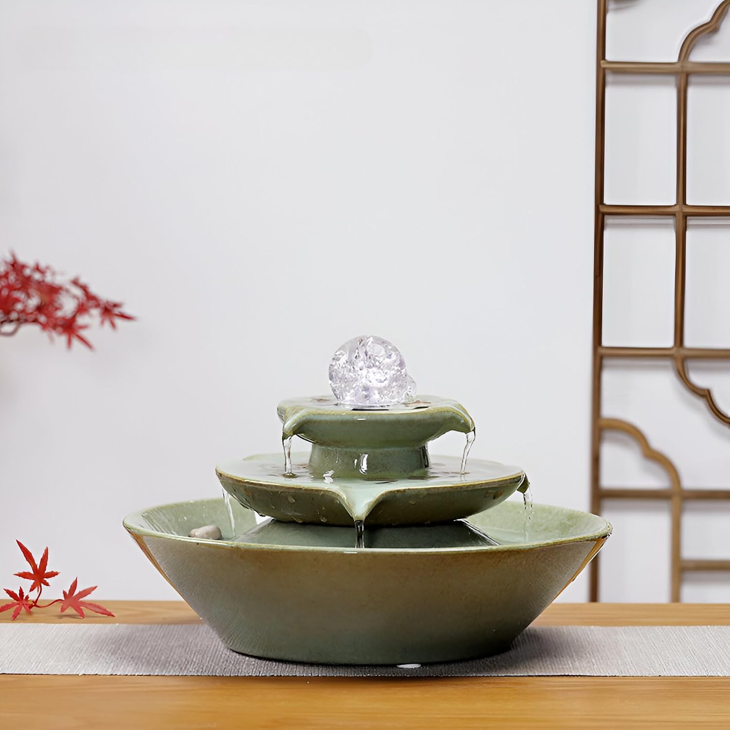 11.8' Indoor Tabletop Fountain, Ceramic Multi-Tier Waterfall with Crystal Ball & Fish Tank Feature, Free 10pcs Natural Crystals, Zen Home/Office/Entryway Decor, Housewarming Gift(Green)