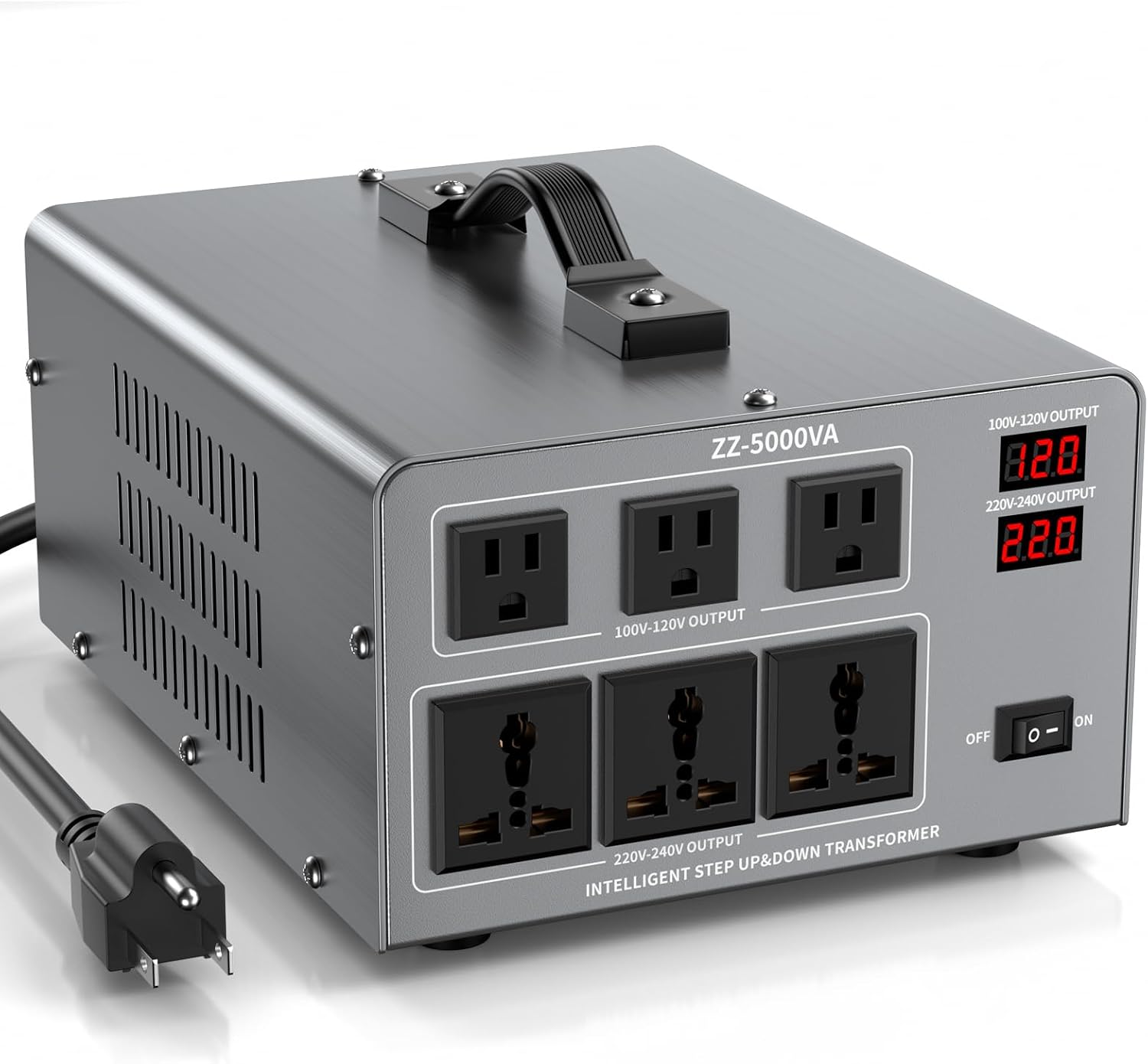 5000W Voltage Converter Transformer Step Up/Down 110V/120V to 220V/240V, Auto Voltage Recognition, Heavy Duty Power Converter with 6 Outlets, LCD Display & Circuit Breaker for Home, International Use
