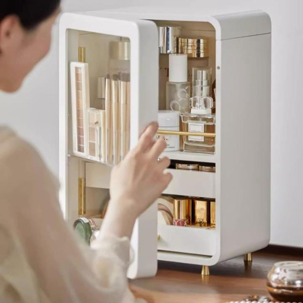 Makeup Organizer Solid Wood Makeup Storage Organizer Box Cabinet，Cosmetics storage display rack with Doors and Drawers，Dustproof, Elegant Display Cabinet，Suitable for Bathroom Countertop, Bedroom Dres