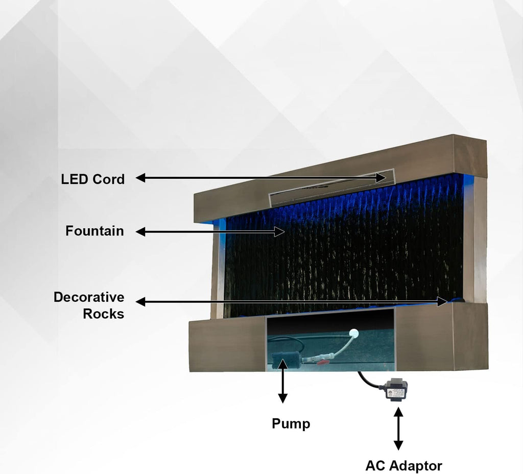 XBrand 47' Indoor Wall-Mounted Waterfall Mirror Fountain with LED Lighting, Silver Metal Décor, and Rock Base – Modern Relaxing Water Feature for Home