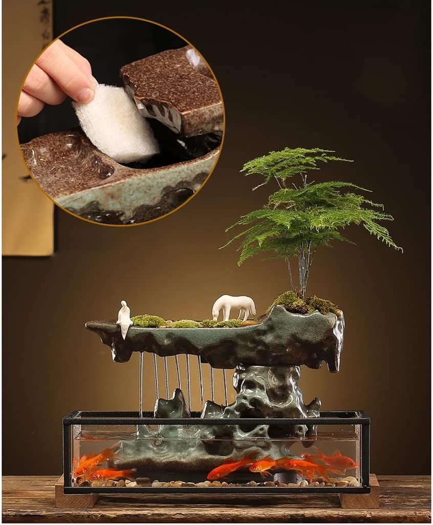 Waterfall Tabletop Fountain Flowing Water Lucky Ornament with Glass Aquarium and Lamp Ring Home Office Tabletop Decoration Indoor Fountain (Color : B)