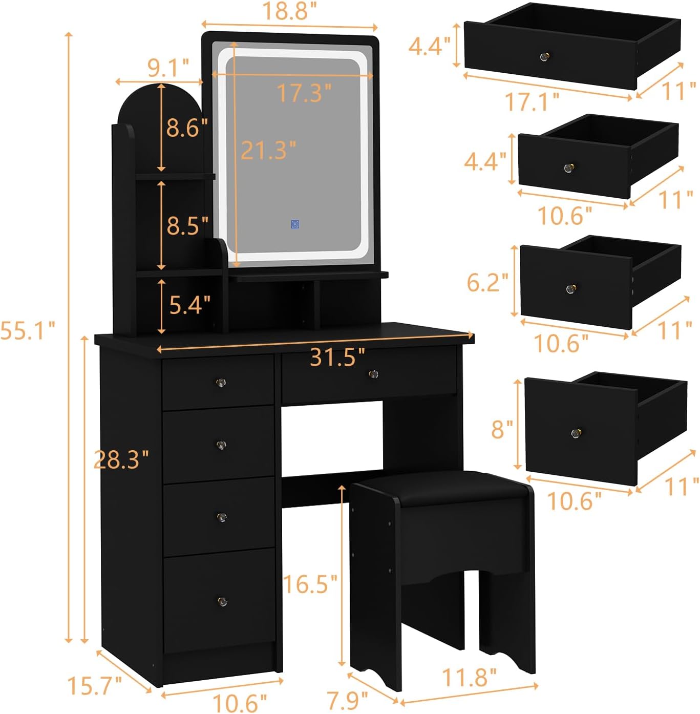 FUFU&GAGA Vanity Set with Rectangular Mirror & Lights, Makeup Vanity Dressing Table with 5 Drawers, Shelves, Dresser Desk and Cushioned Stool Set (Black/Lighted Mirror)