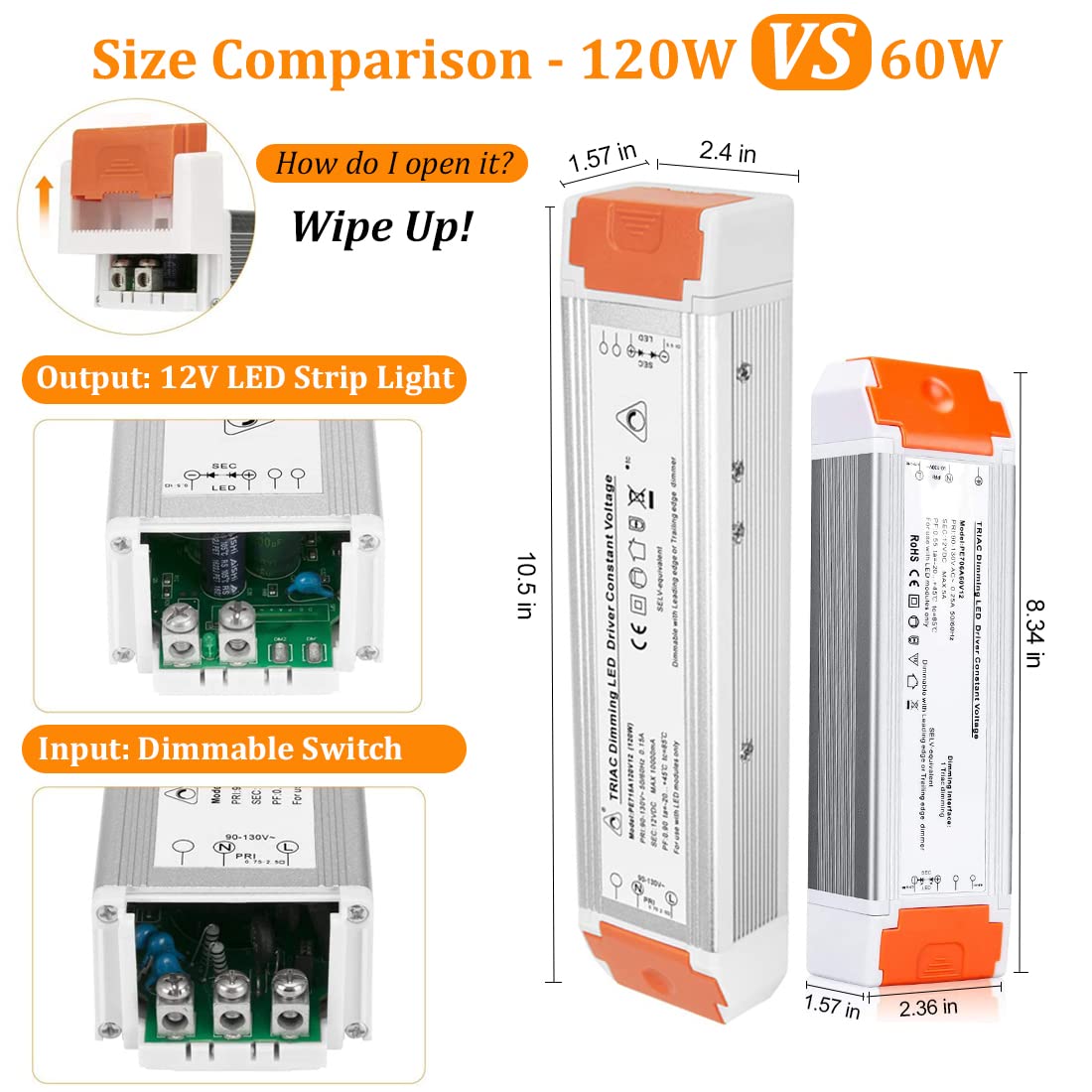 LED Dimmable Driver 120W 12V Quiet Operation Universal Regulated 12V DC Dimmable Power Supply Low Voltage Transformer for Constant LED Strip Lights 2 Pack