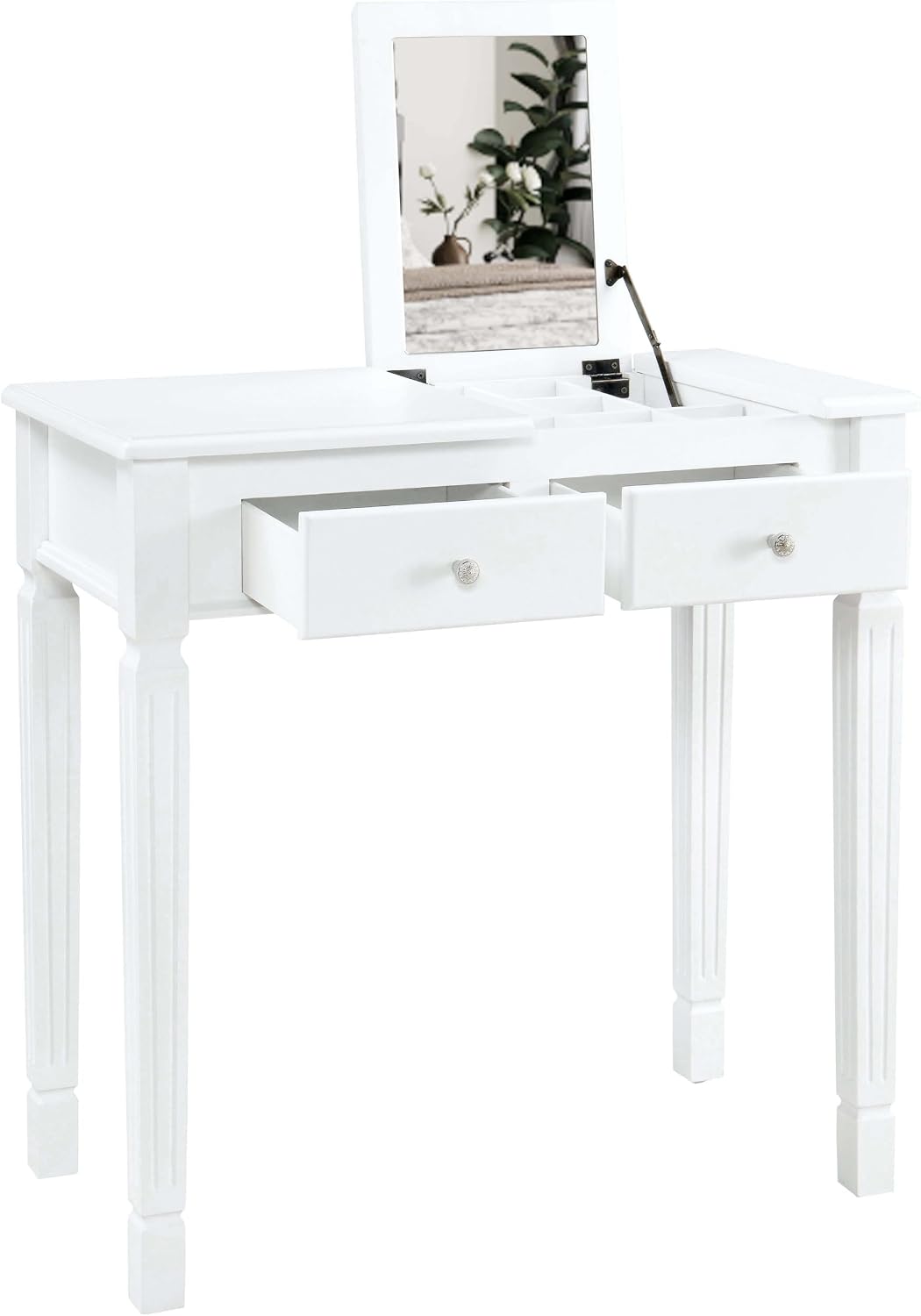 Small Makeup Vanity Desk Table with Flip-Top Mirror and Hidden Storage Compartments, Wood Computer Writing Desk with 2 Drawers, Easy Assembly Dressing Table for Bedroom,White,Red SZT-D0036-WT
