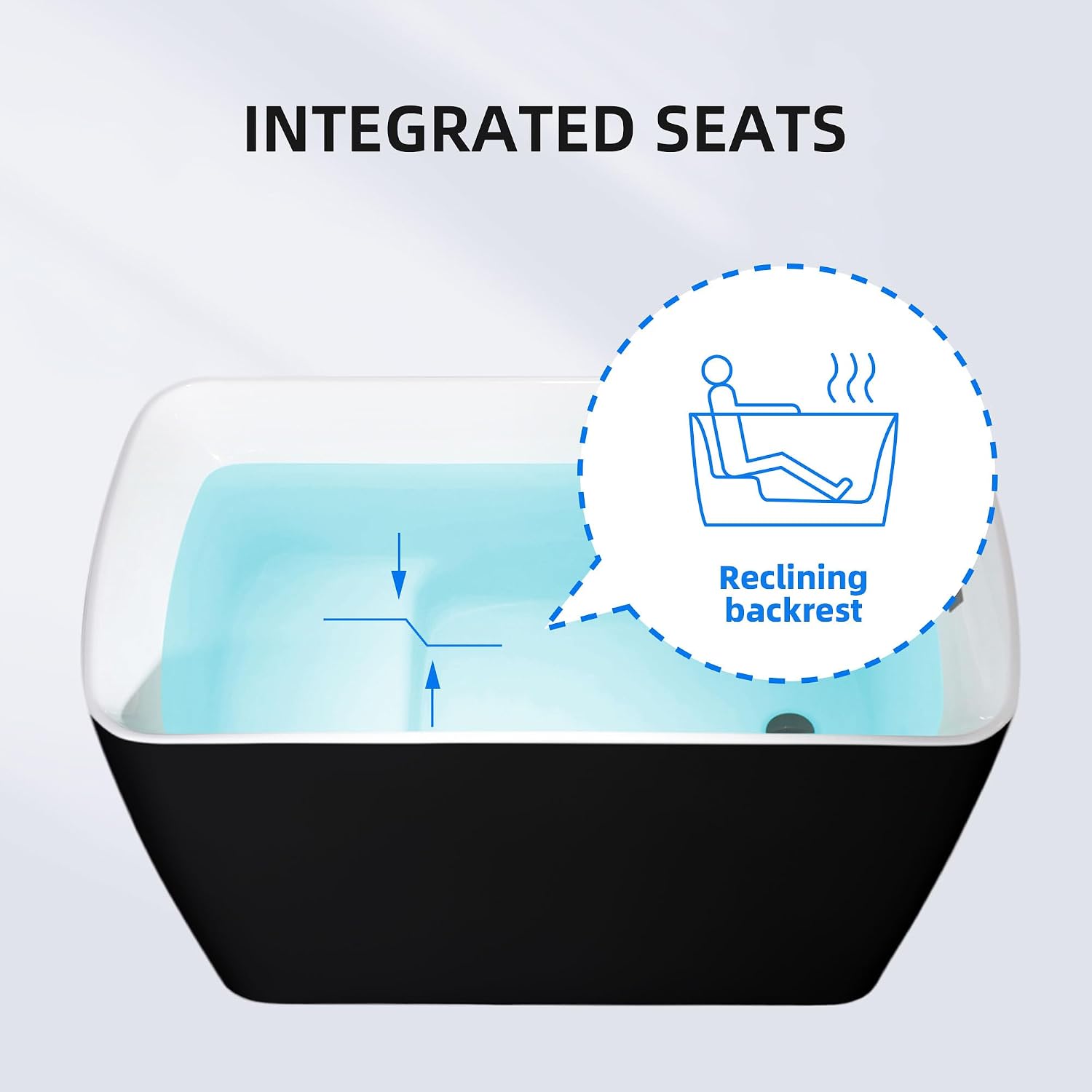 WOODBRIDGE 48' Acrylic Freestanding Square Shape Janpanese Soaking Tub with Pre-molded Seat and Matte Black Pop-UP Drain and Overflow Option, Black, B1870-MB