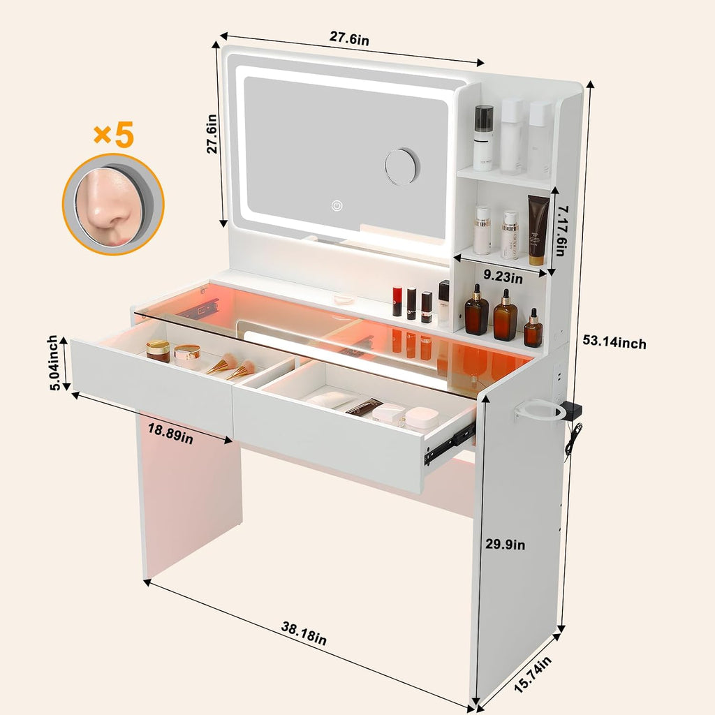 Vanity Desk,Makeup Vanity Desk with Mirror and Lights,Transparent Top with LED Multiple Color Lights,Mirror 3 Color Modes 2 Drawers,Power Outlet,Dressing Table for Girls Bedroom,White