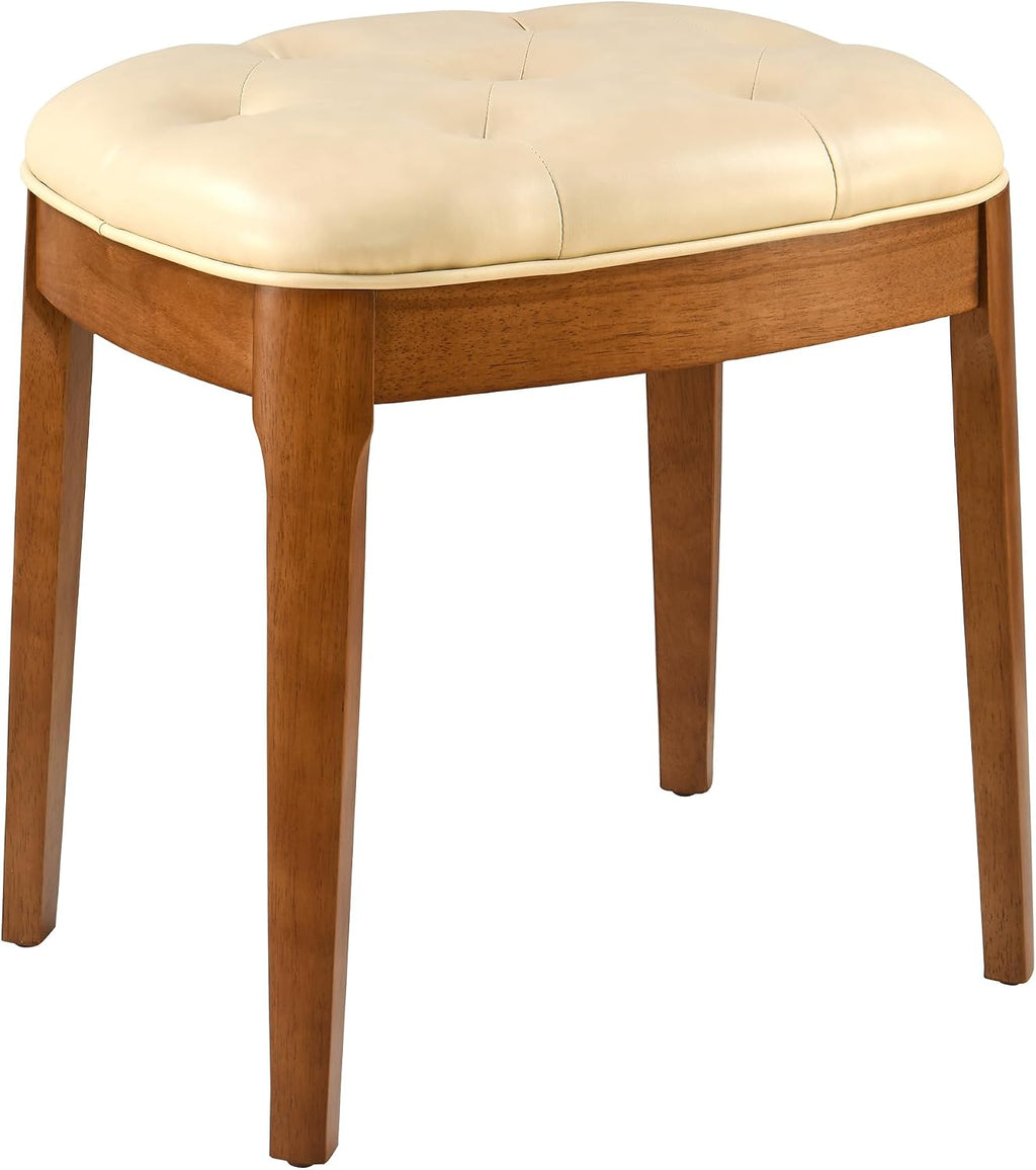 Vanity Stool with Padded Cushion, Vanity Bench with Wood Legs, Piano Bench Seat with with Solid Wood Legs, Backless Vanity Stool for Makeup Room, Bedroom, Dining Room and Study Room, Beige