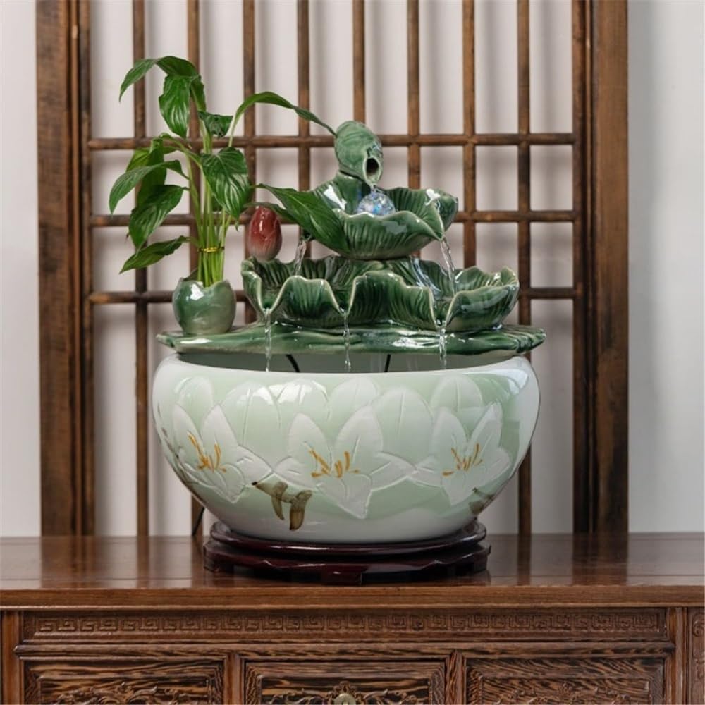 Tabletop Fountain Chinese-Style Ceramic Tabletop Fish Tank Fountain Water Feature Office Decor(Small)