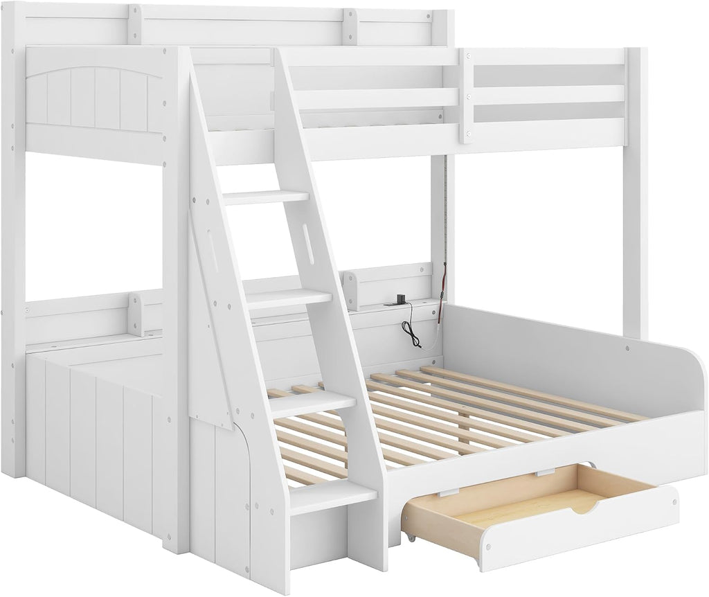 RUNNA Twin Over Full Bunk Bed with Storage Shelves, LED, Charging Station and a Drawer, Solid Wood Bunk Bed for Kids, Teens, Adults (White/LED)