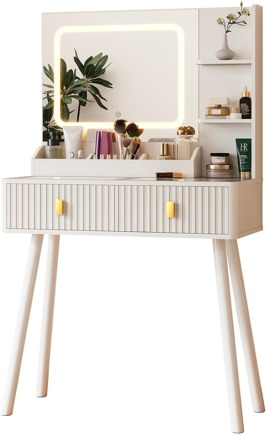 GOODONE 31.5' Fluted Vanity Desk with Mirror LED Lights, Makeup Desk with 2 Drawers, Furniture Clearance Outlet Dressing Table with Glass Top Built-in Dividers for Bedroom, 31.5*15.7*53.8in(White)