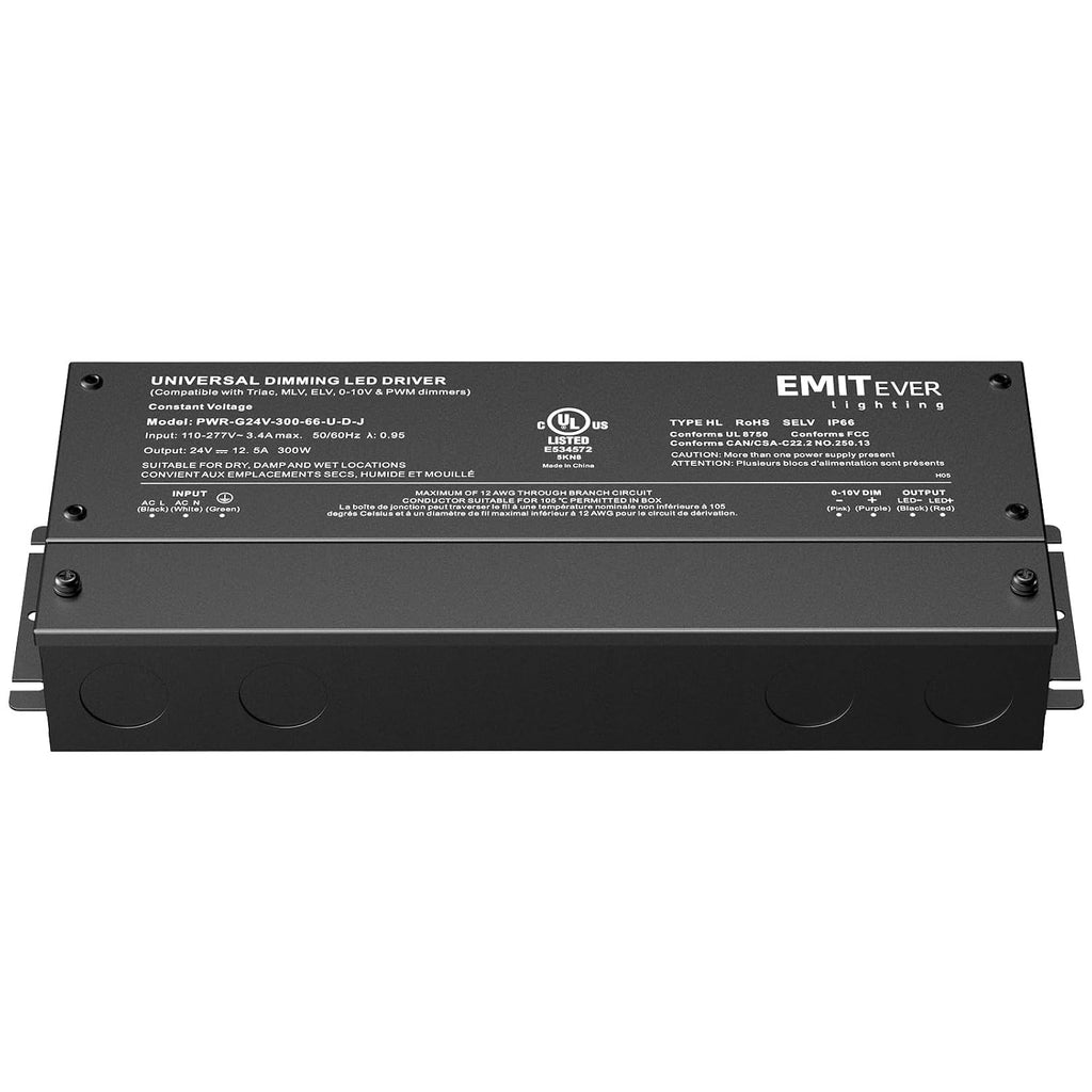 EMITEVER Dimmable Led Driver, 300W AC 110V-277V to DC 24V Transformer, 5-in-1 Dimming: ELV/MLV/TRIAC / 0-10V / 1-10V / 10V PWM/Potentiometer, Waterproof IP67 and UL Listed