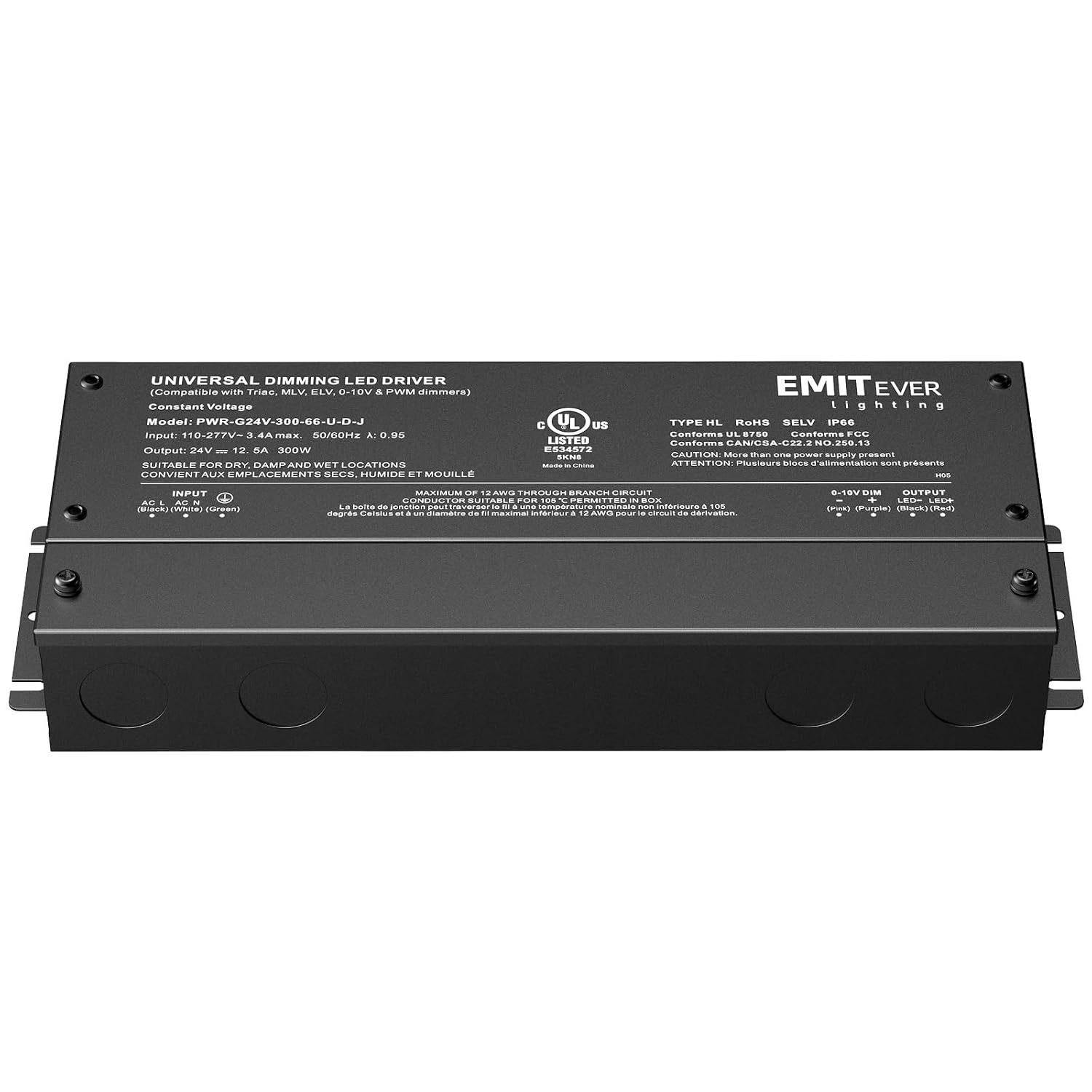 EMITEVER Dimmable Led Driver, 300W AC 110V-277V to DC 24V Transformer, 5-in-1 Dimming: ELV/MLV/TRIAC / 0-10V / 1-10V / 10V PWM/Potentiometer, Waterproof IP67 and UL Listed