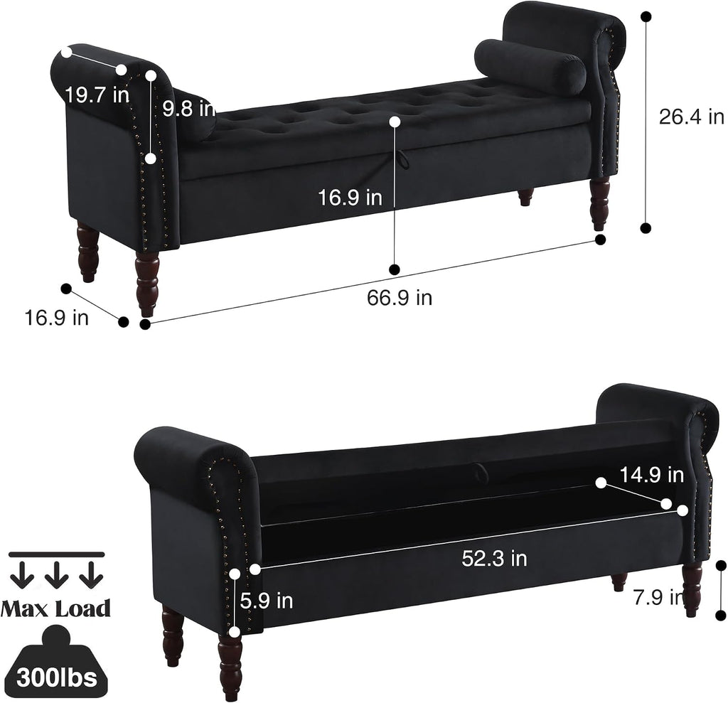 Storage Bench for Bedroom King Size, 67' End of Bed Storage Bench, Upholstered Tufted Storage Ottoman Benches, Velvet Bench with Storage and Arms for Bedroom, Living Room, Entryway, Black