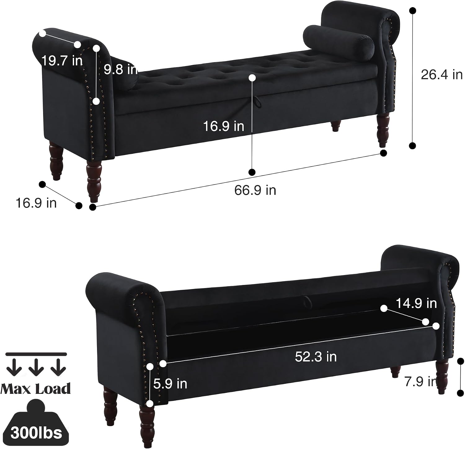 Storage Bench for Bedroom King Size, 67' End of Bed Storage Bench, Upholstered Tufted Storage Ottoman Benches, Velvet Bench with Storage and Arms for Bedroom, Living Room, Entryway, Black