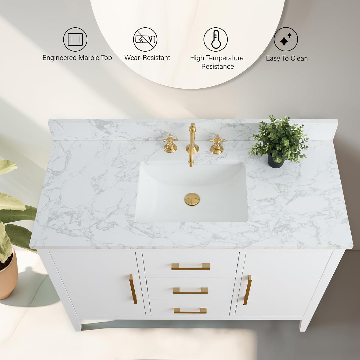 Vanity Art 48 inch Bathroom Vanity with Single Sink & Ceramic Top, Solid Wood, Vanity Cabinet with Soft-Closing Doors, Drawers, White, Golden Brushed Handware