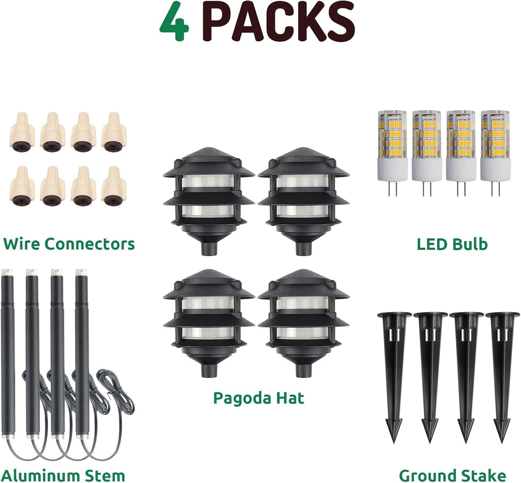 Lumina Lighting® Low Voltage Landscape Lighting Cast-Aluminum Pagoda Path and Area Light Warm White 4W G4 LED Bulb and ABS Ground Stake Included for Yard Walkway Lawn PAL0103-BKLED4 (Black,4-Pack)